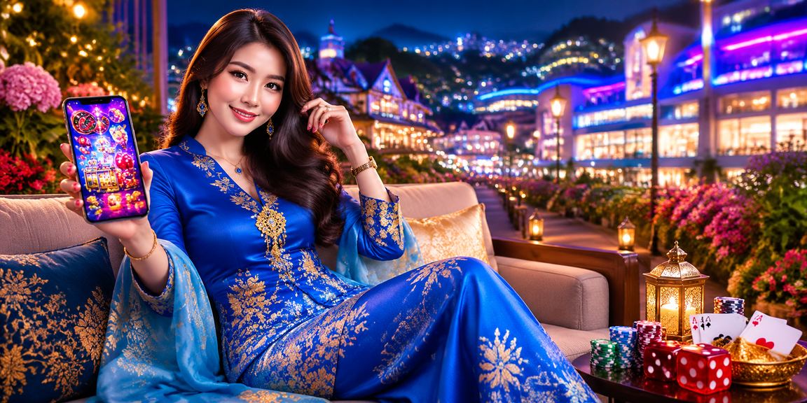 Malaysian player betting at an online casino using a mobile device in traditional attire